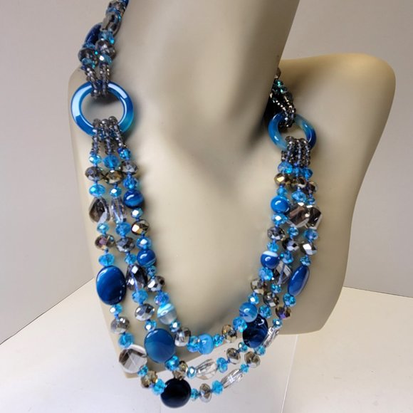 Blue Beaded Necklace MultiStrand Blue and Grey Beaded Necklace - Picture 1 of 12